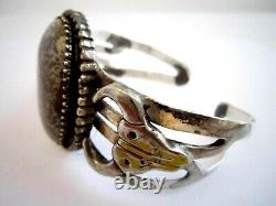 Vtg. Native American Navajo Indian S. S. Cuff Bracelet/lg Brown-gray Stone/steers