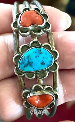 Vtg Native American Navajo Sterling Silver Turquoisise Coral Bracelet Signé