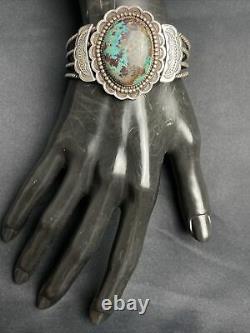 Vtg Vieux Pawn Navajo Détaillé Turquoise Sterling Bracelet En Argent Cuff 48g