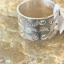 Womens Wide Band Native American Navajo Stamped Sterling Silver Ring Sz 9 10971