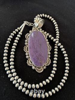 XL Navajo Pearls Native American Sterling Silver Collier De Charoite Pendentif 1279